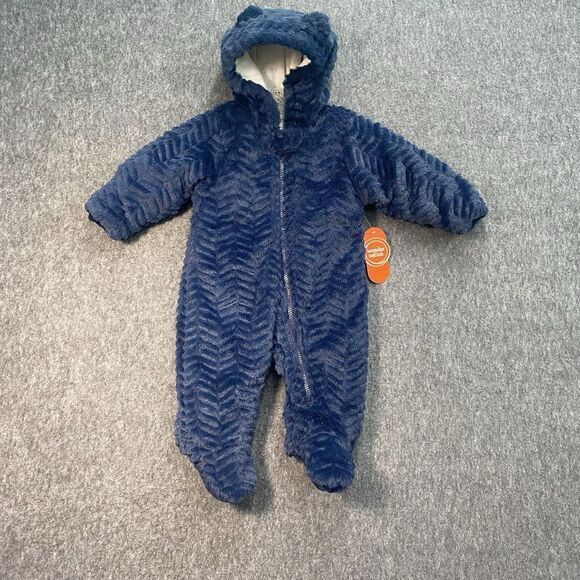 Wonder Nation 6-9 Baby Teddy Fleece Pram with Hood Snowsuit Blue Hand Mittens - Picture 2 of 8